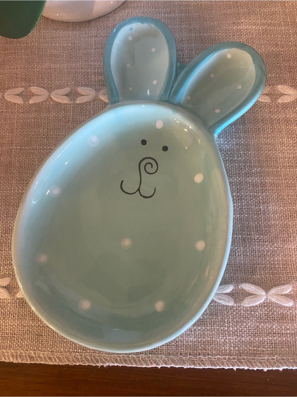 Ceramic Bunny Dish in Light Aqua with Polka Dots